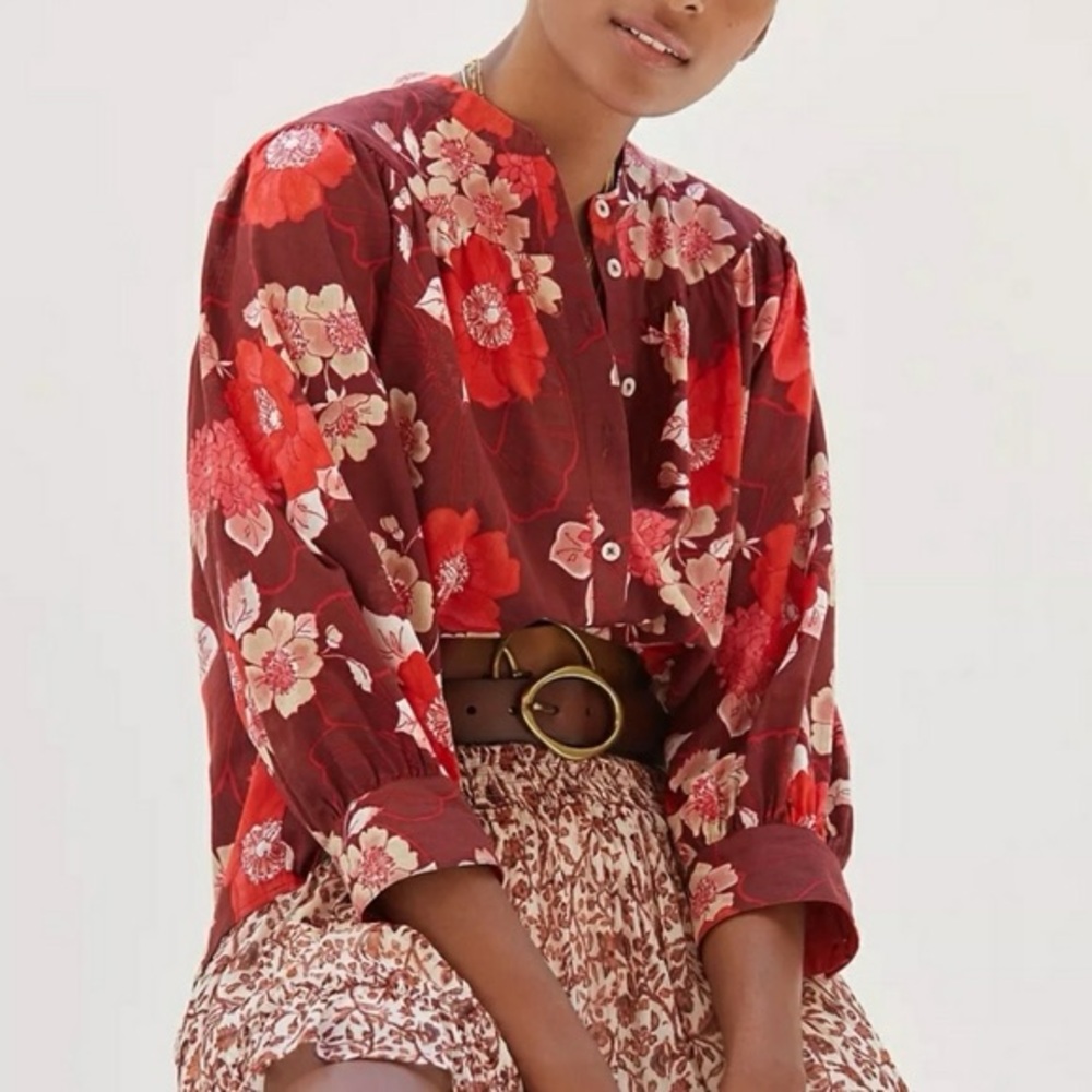 Anthropologie Porridge floral puff sleeve button down blouse